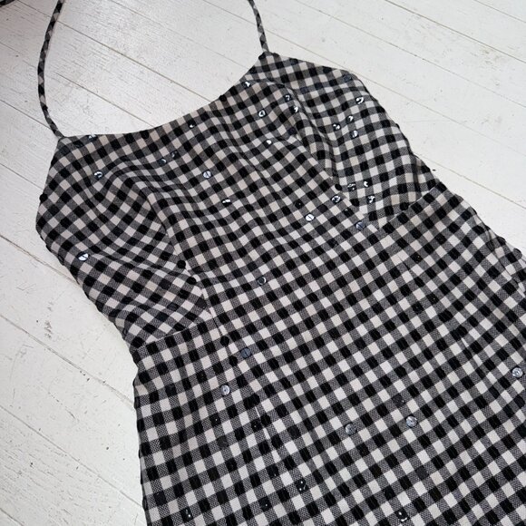 Vintage Moschino Gingham Sequin Halter Mini Dress - Picture 2 of 5